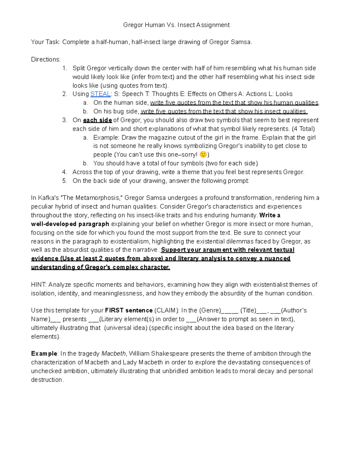 AP Metamorphosis Gregor Drawing & Analysis Project - Studocu