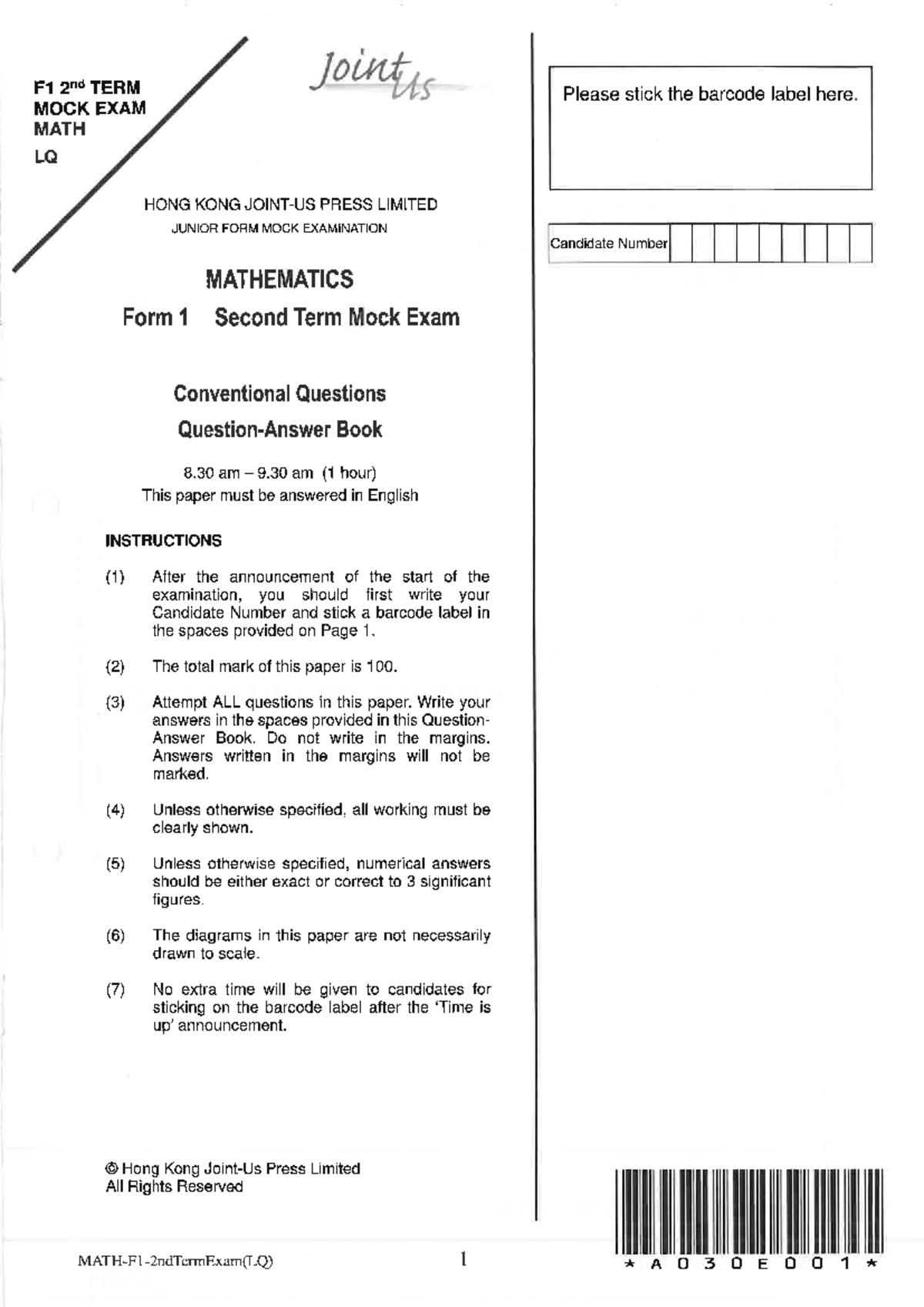 F1 2nd Term Mock Exam Mathematics Questions and Instructions - Studocu