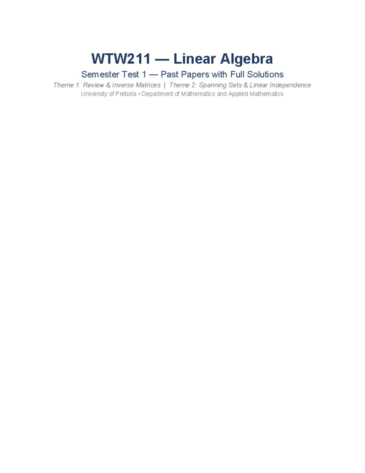 WTW211 Linear Algebra Semester Test 1 Complete Solutions and Key ...