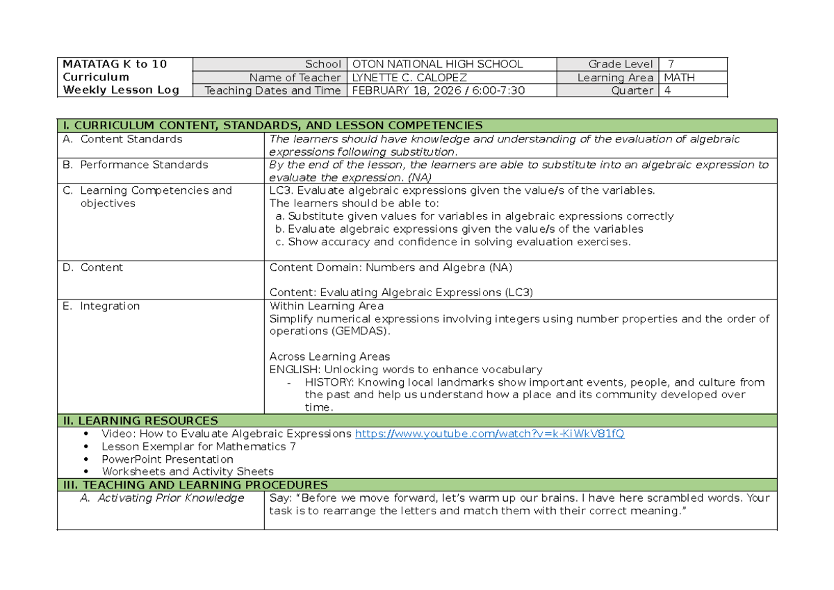 MAT 7 Q4 Lesson Plan: Evaluating Algebraic Expressions - Studocu