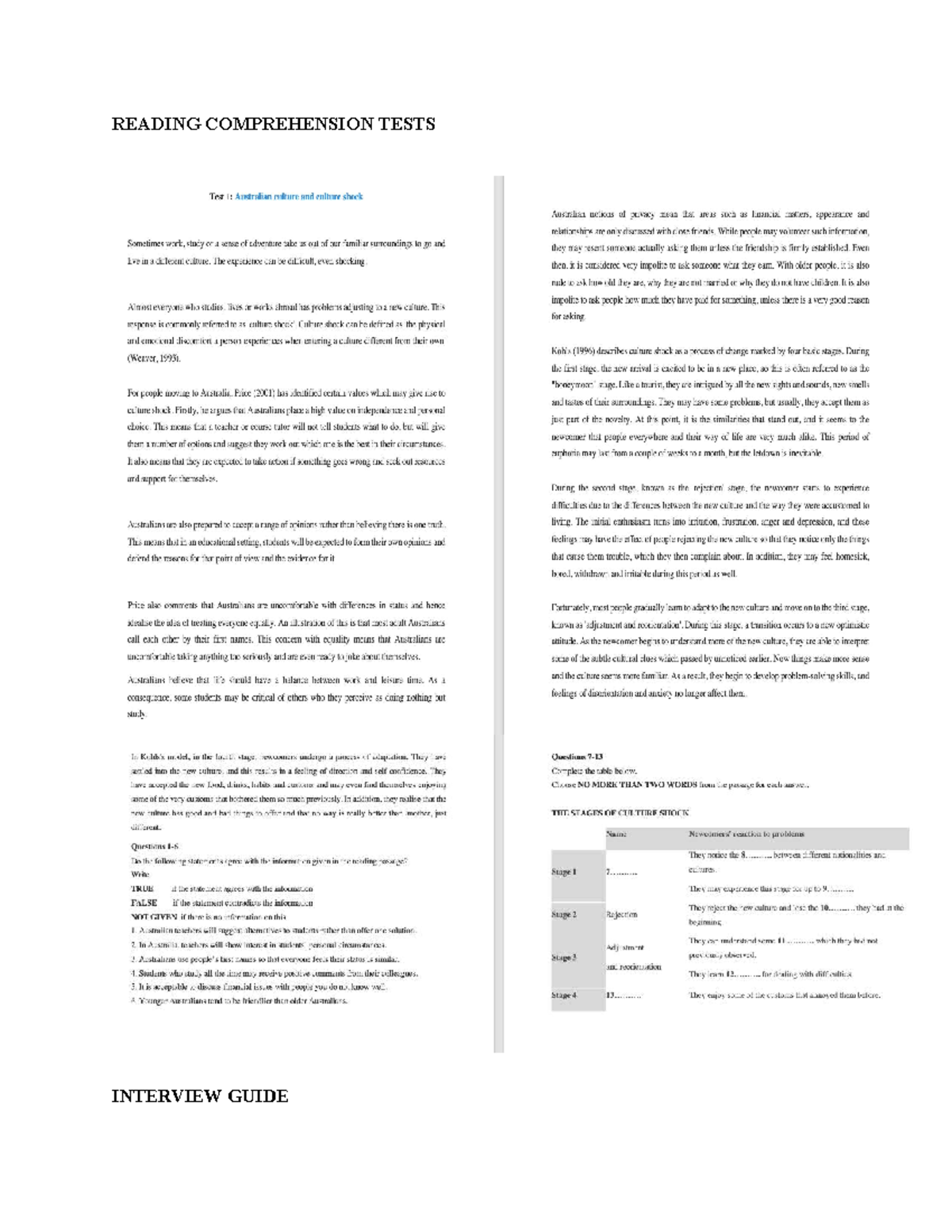 Reading Comprehension Tests Interview Guide: Content Questions - Studocu
