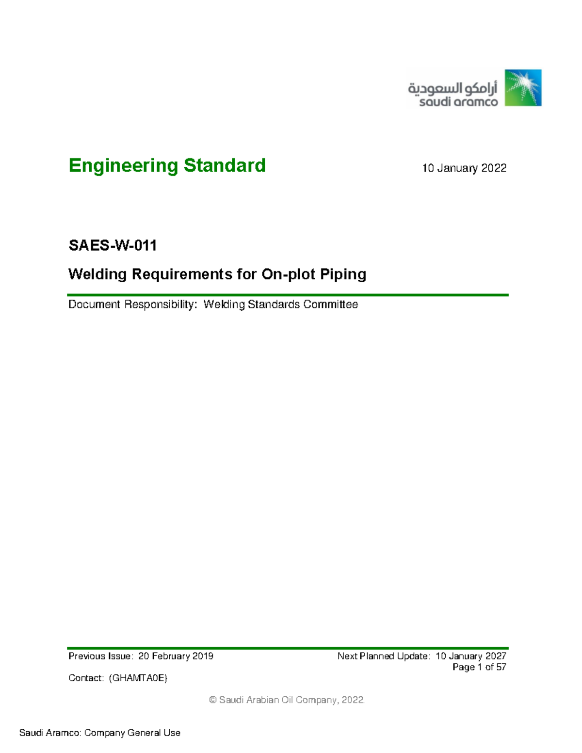SAES-W-011 Welding Standards for On-Plot Piping - Jan 2022 Update - Document Preview