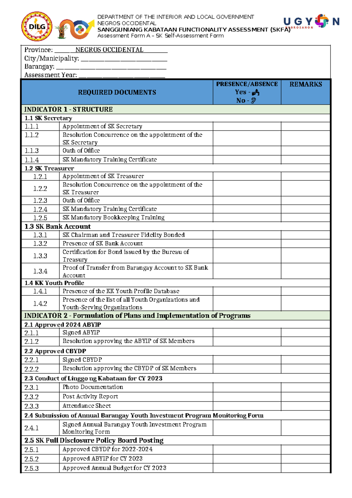 SKFA Assessment Form A: Self-Assessment for SK Functionality - Studocu