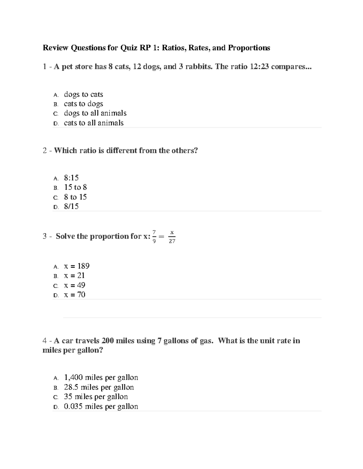 Quiz RP1: Review Questions on Ratios, Rates, and Proportions - Studocu