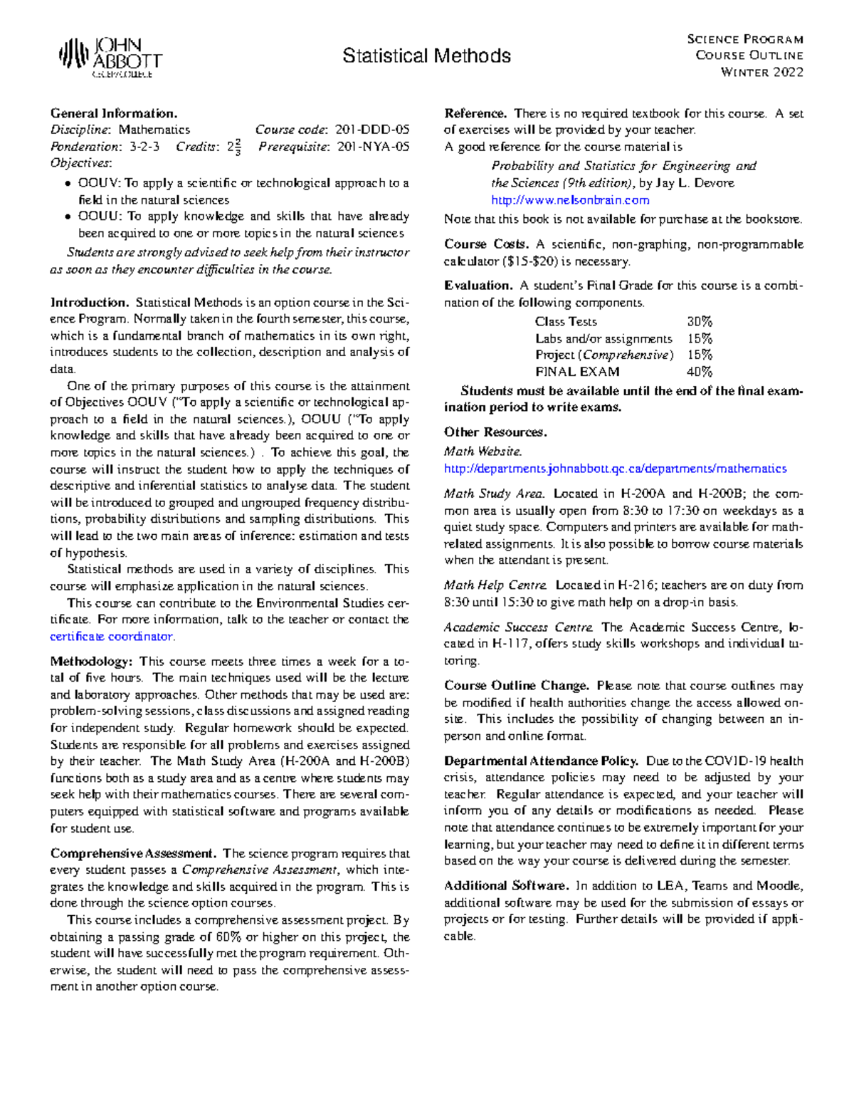 Statistical Methods Course Outline 201-DDD-05 Winter 2022 - Studocu