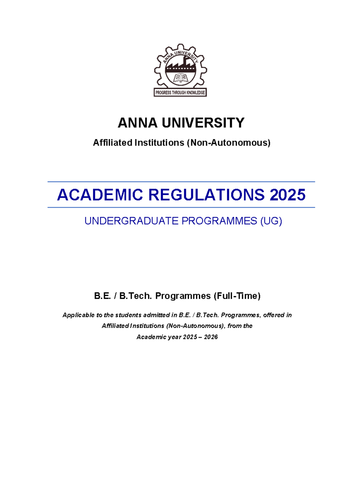 B.E. B.Tech. Academic Regulations 2025 for Anna University Students ...