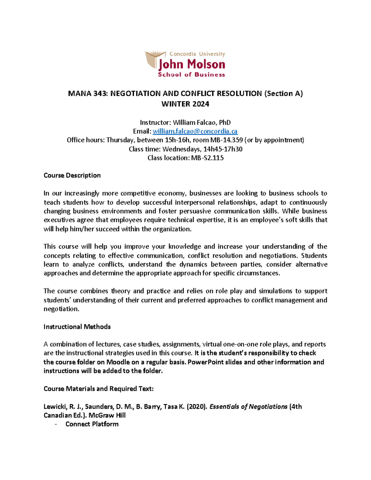 MANA 343 Negotiation & Conflict Resolution Course Outline - Winter 2024 ...