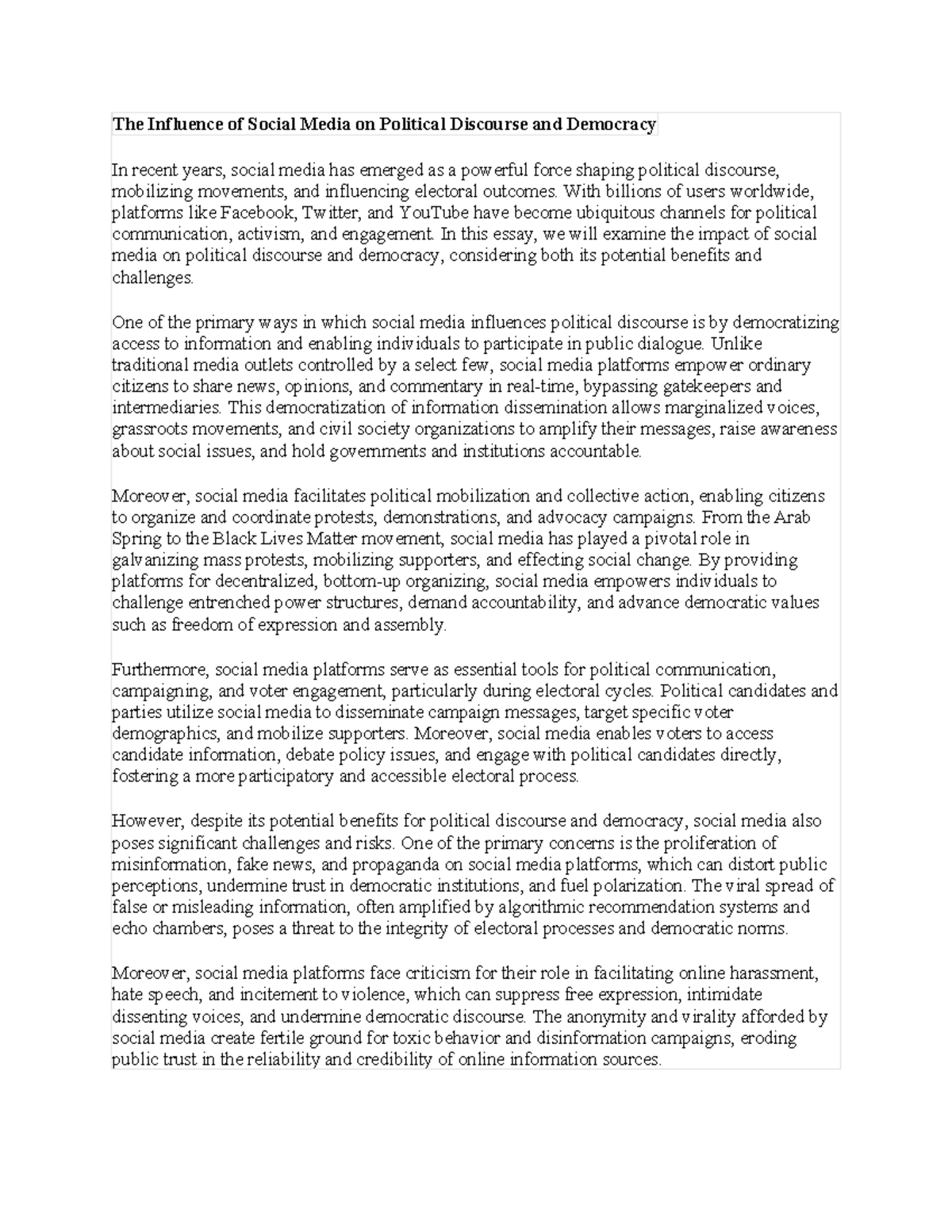 SOC 501 - The Impact of Social Media on Political Discourse & Democracy ...