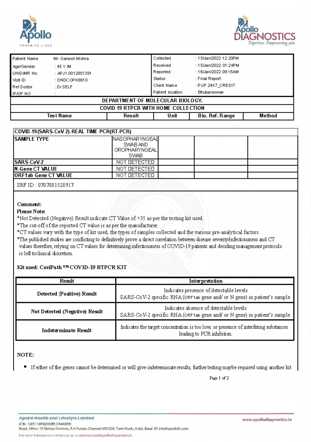 Apollo 247 - COVID-19 RTPCR Lab Report for Mr. Ganesh Mishra - Studocu