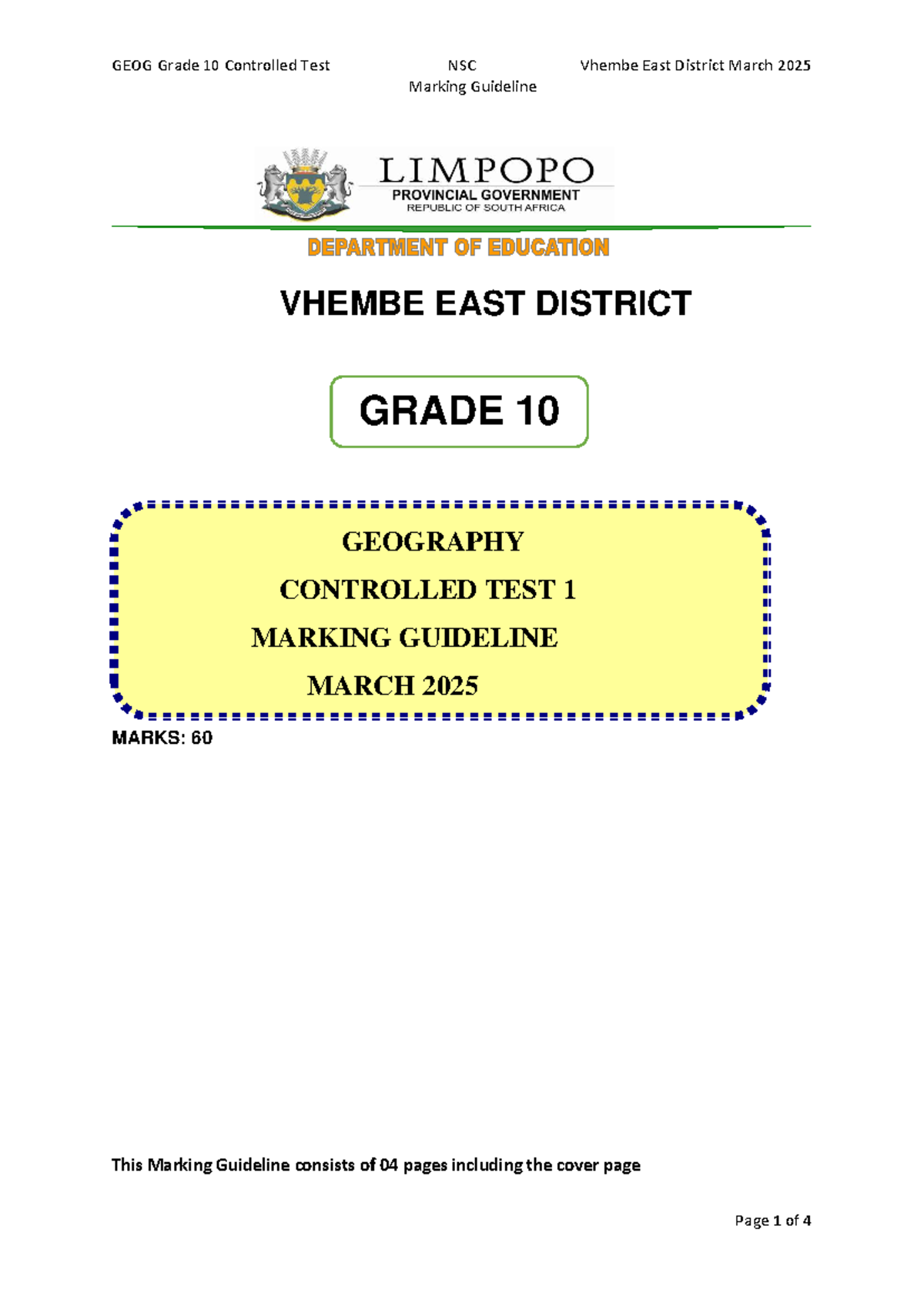 2025 GEOG Grade 10 Term 1 Controlled Test Marking Guideline - Studocu