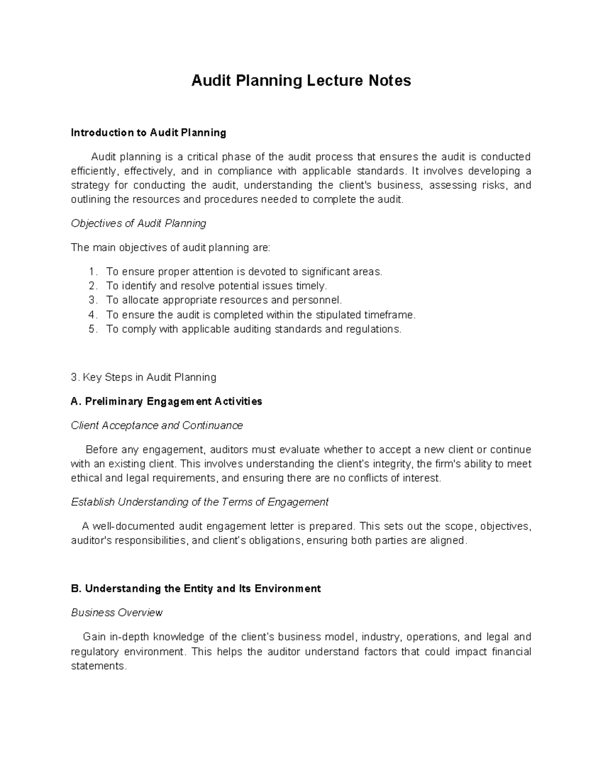 Audit Planning Lecture Notes: Key Objectives & Strategies - Studocu