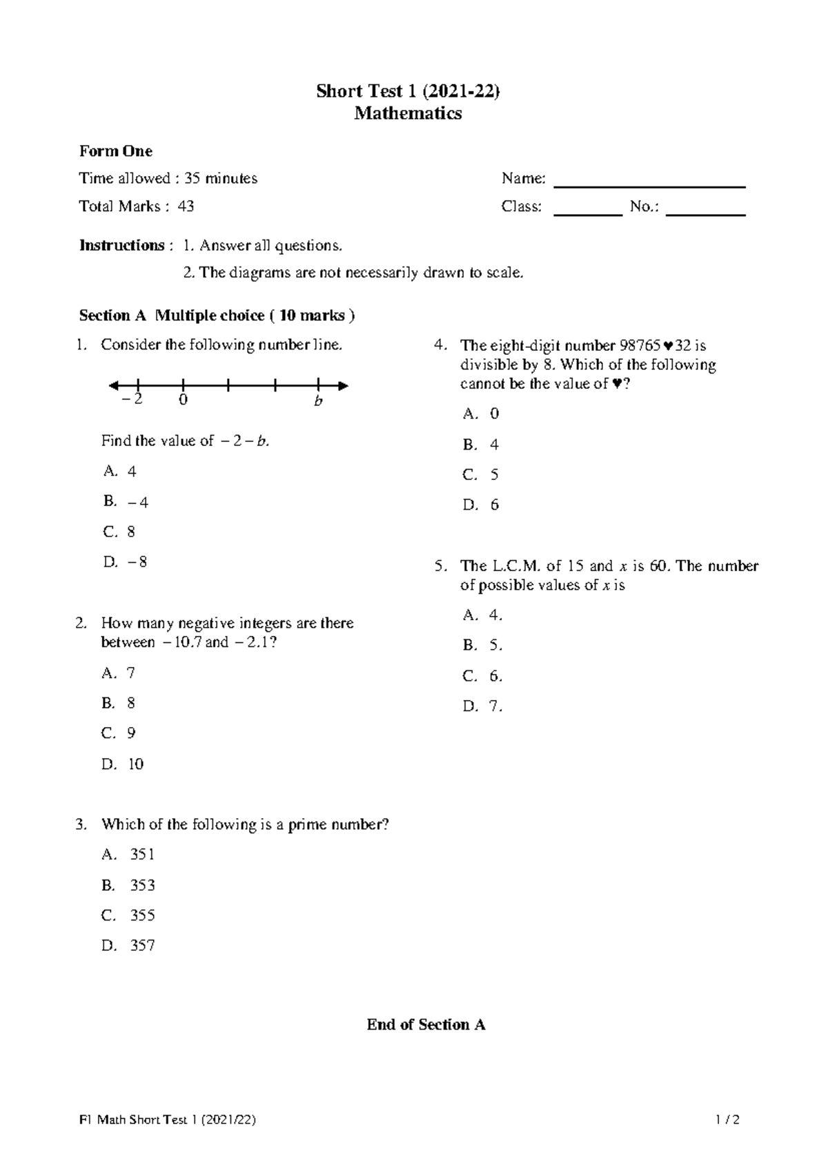 F1 Math Short Test 1 (21-22) - Mathematics Assessment - Studocu