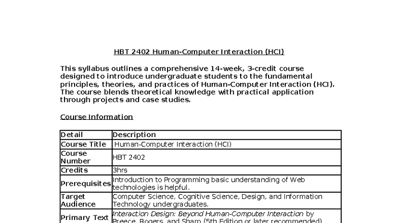 HBT 2402 Interaction (HCI) Course Syllabus and Outline - Studocu