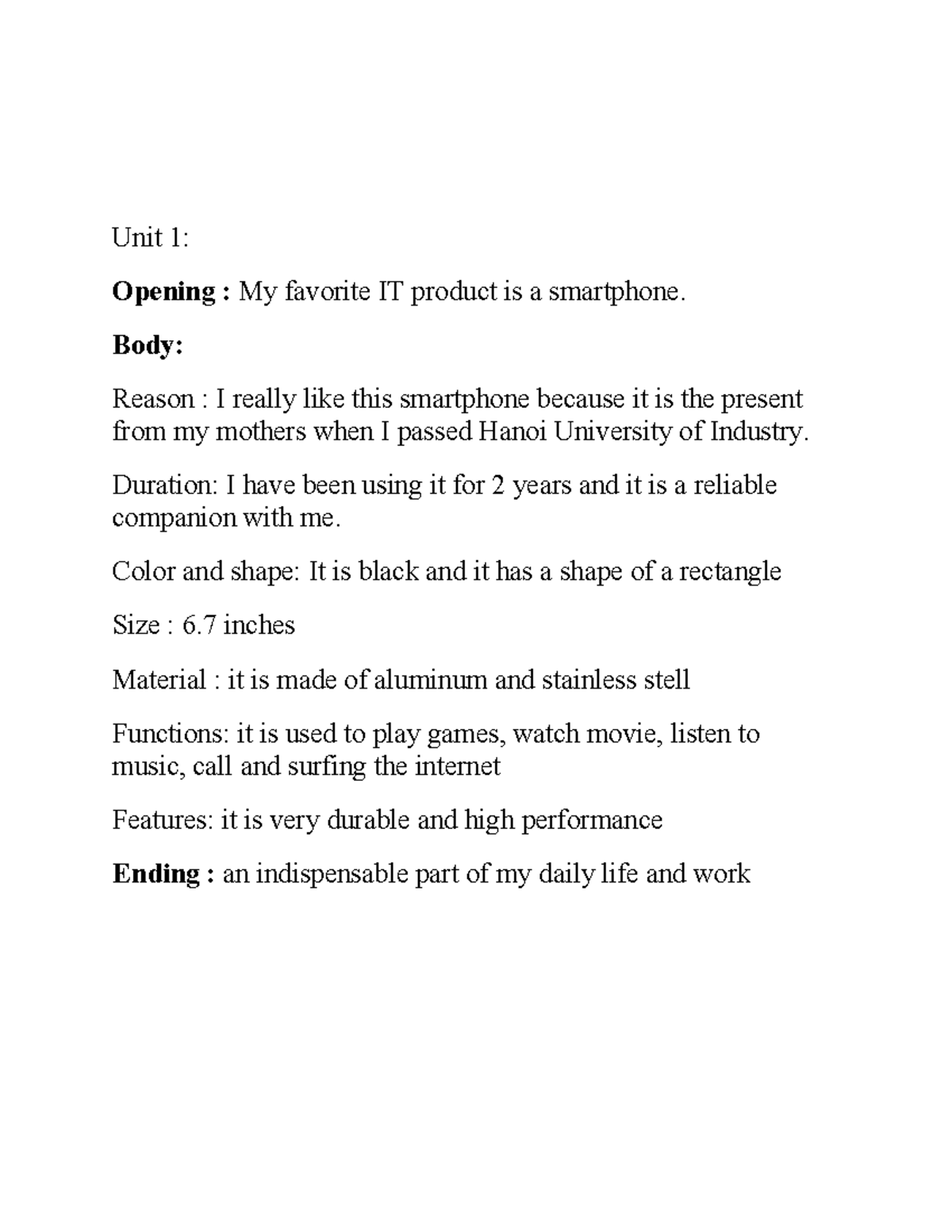 Bai viet 1 - bai on tap - Unit 1: Opening : My favorite IT product is a ...
