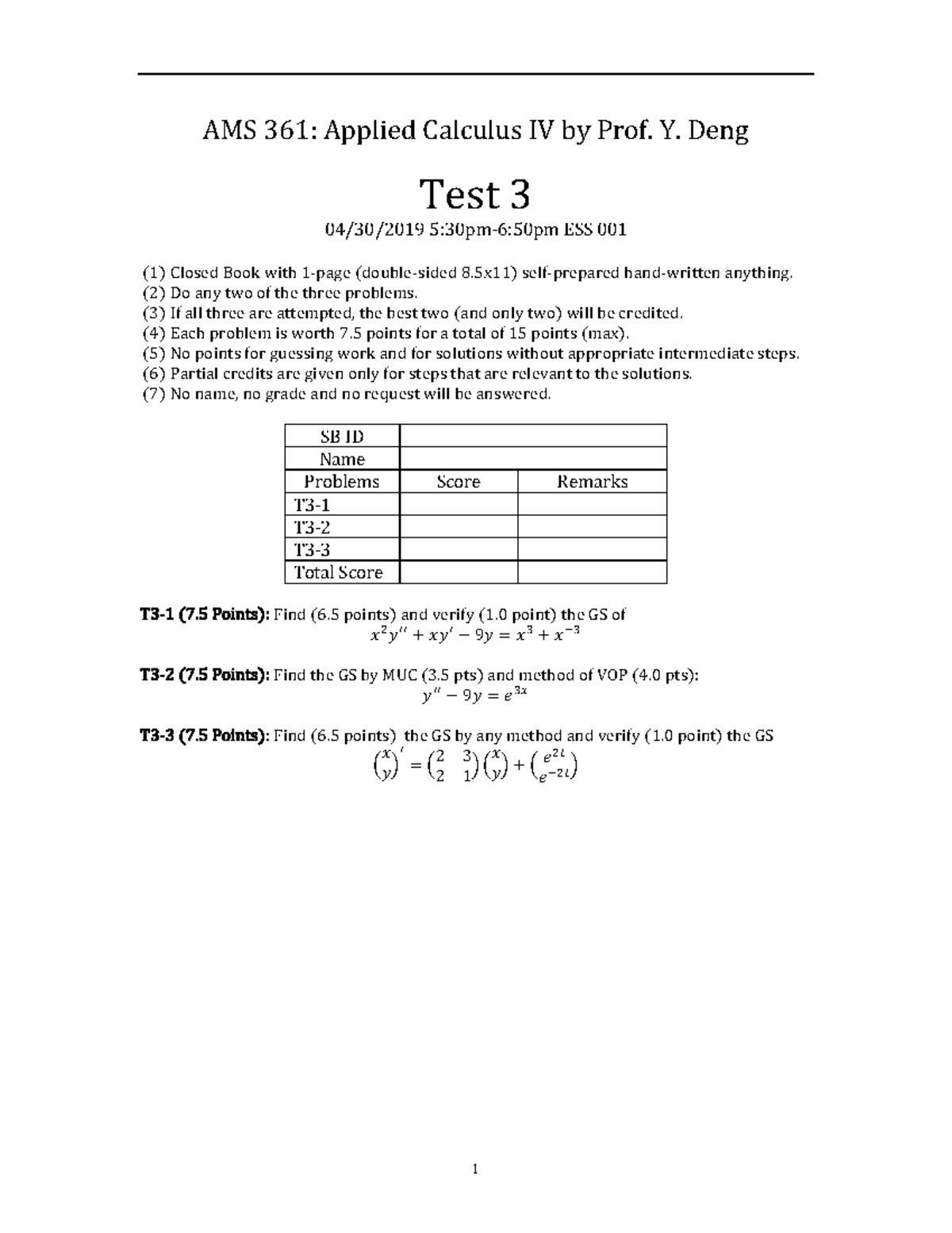 Test-3-s19 - spring 2019 - 1 AMS 361: Applied Calculus IV by Prof. Y ...
