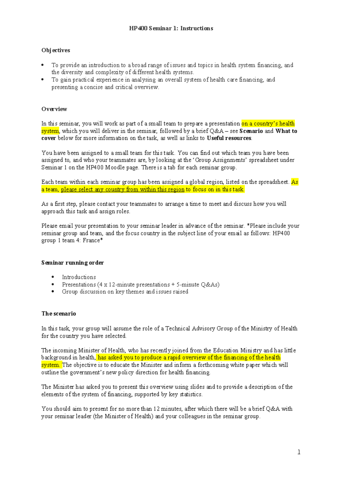 HP400 Seminar 1 Instructions - HP400 Seminar 1: Instructions Objectives ...