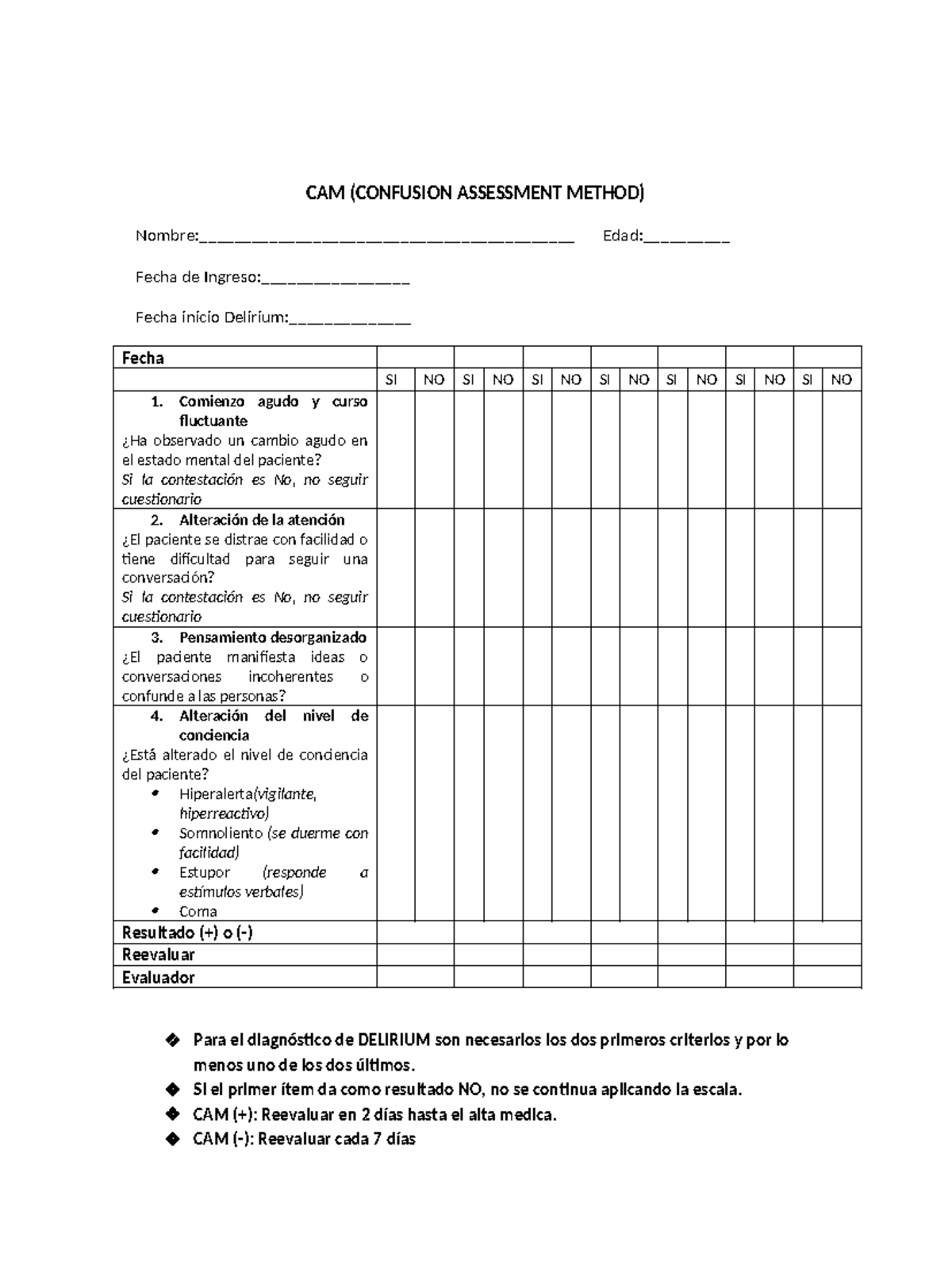CAM (CONFUSION ASSESSMENT METHOD) - Evaluación y Reevaluación - Studocu