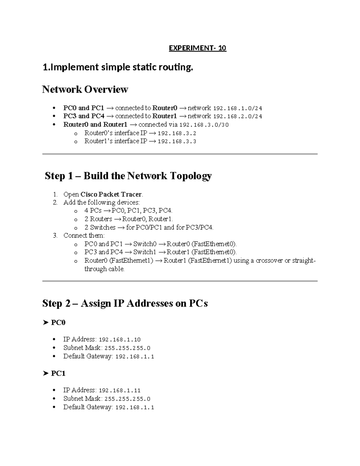 CN 10 EXP - Implementing Simple Static Routing in Packet Tracer - Studocu