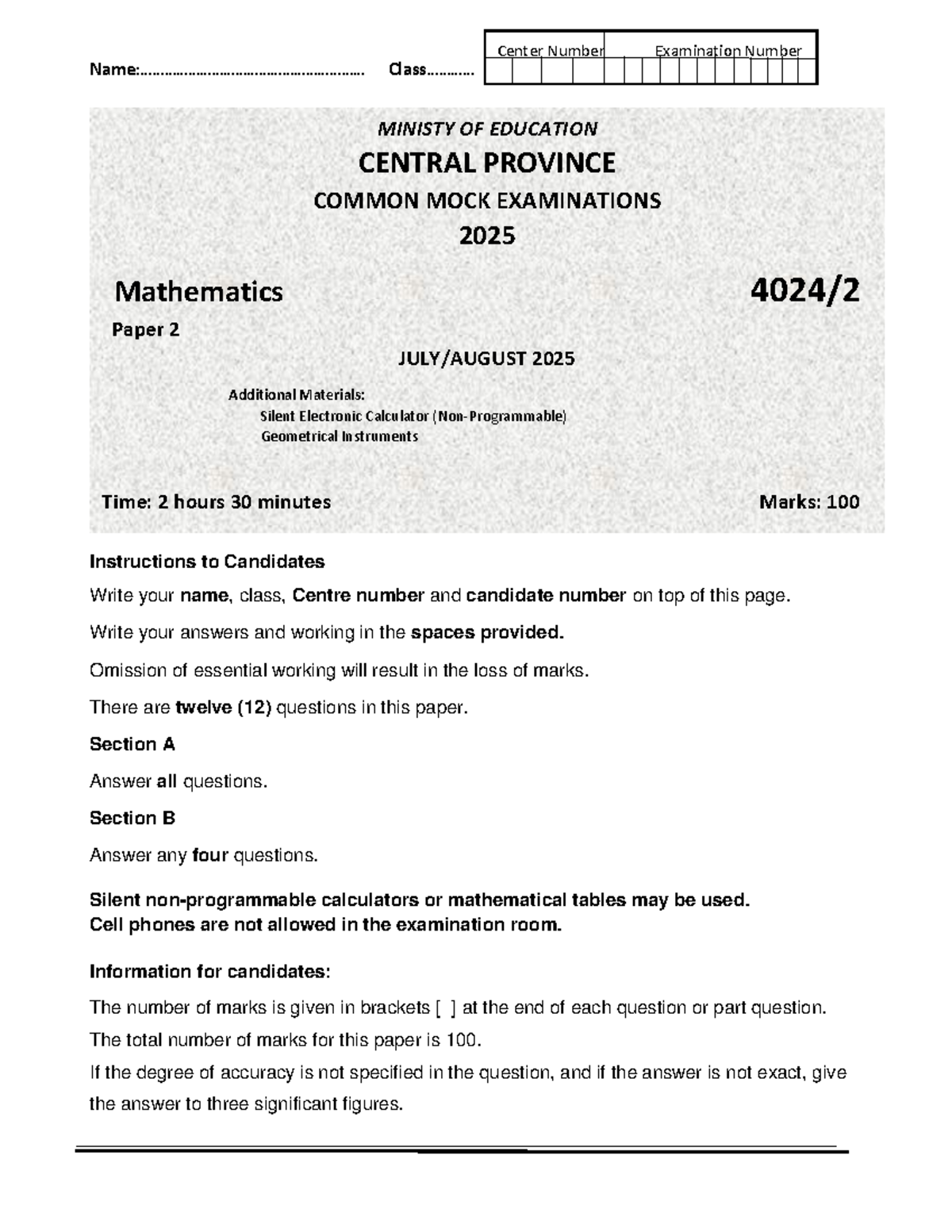 Math P2 G12 Mock Exam 2025: Comprehensive Review Guide - Studocu