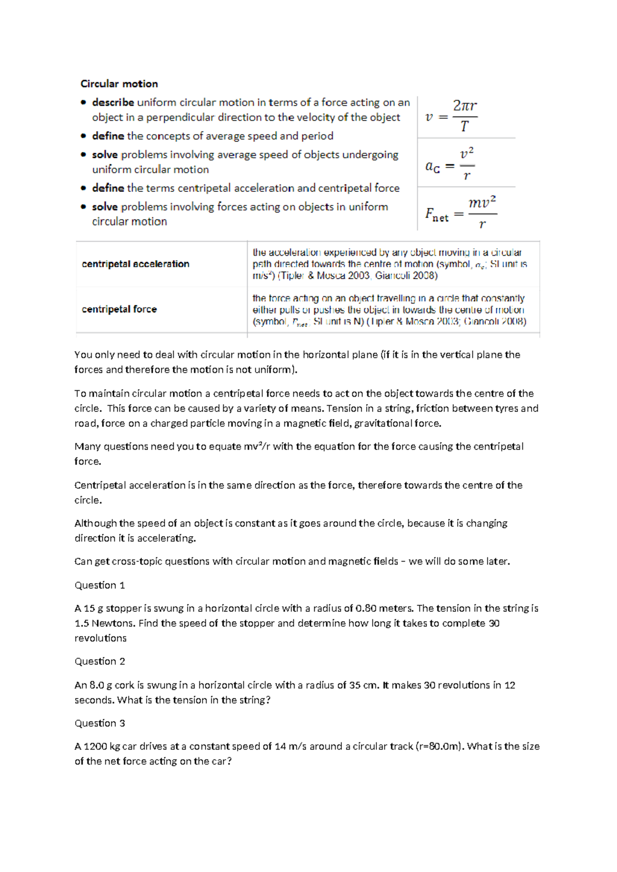 Circular Motion Review: Key Concepts and Practice Questions - Studocu