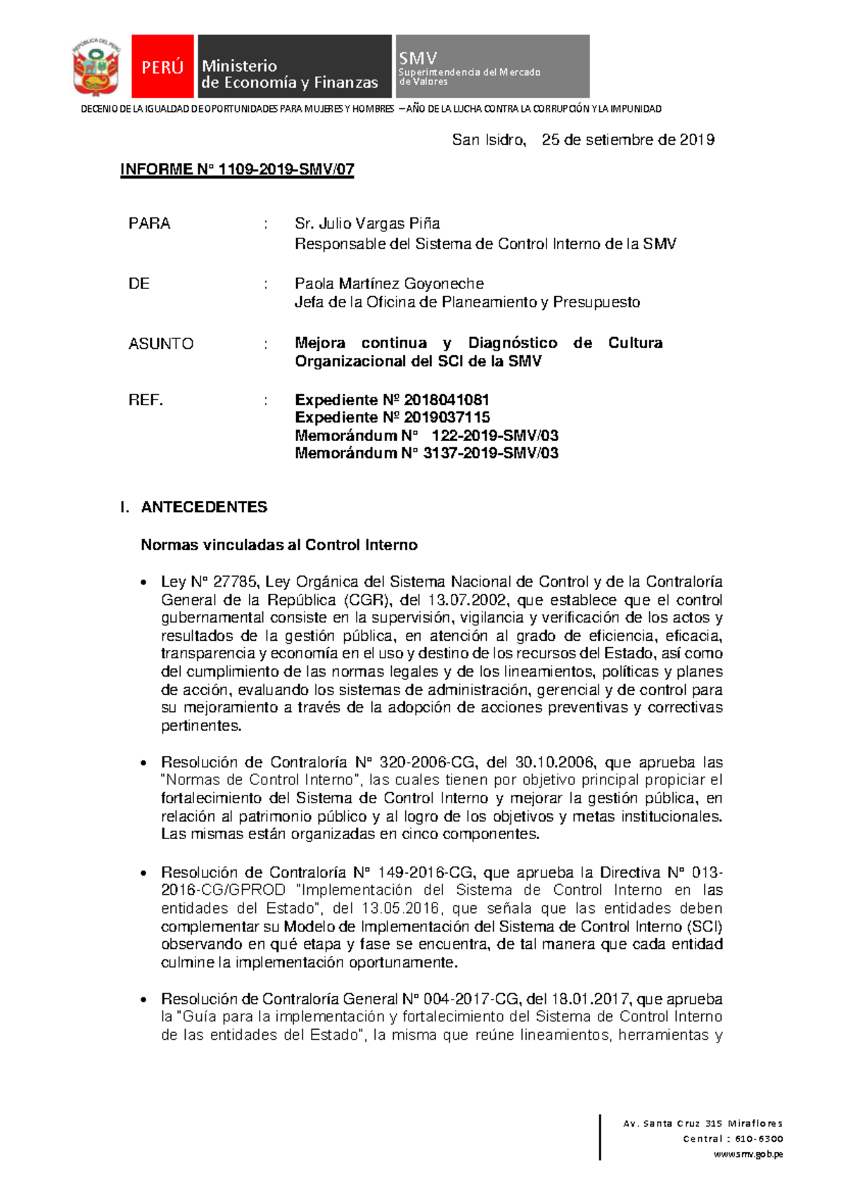 Informe sobre Implementación y Diagnóstico del SCI - SMV 2019 - Document Preview
