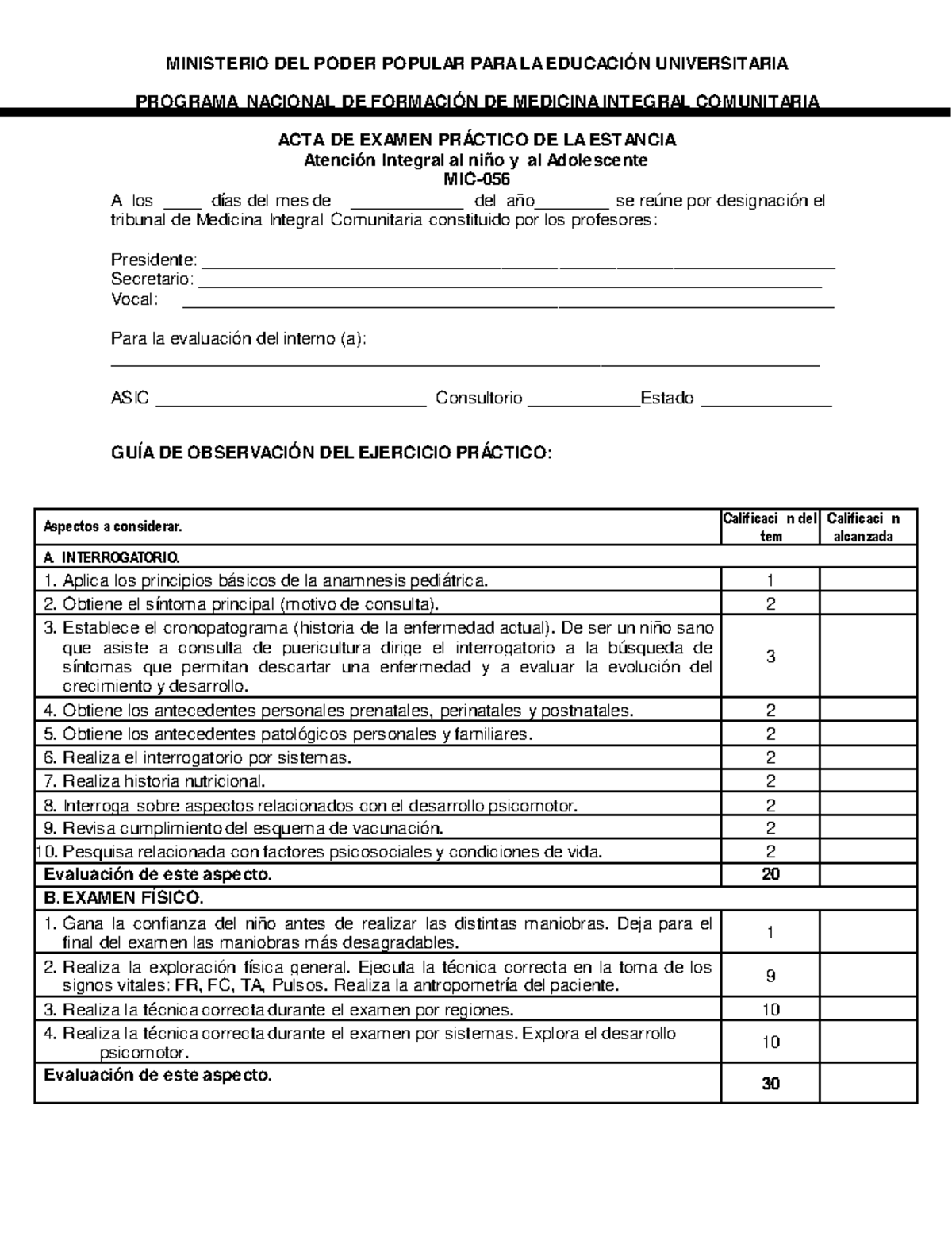 MIC-056 Acta de Examen Práctico: Atención Integral al Niño y Adolescente - Document Preview