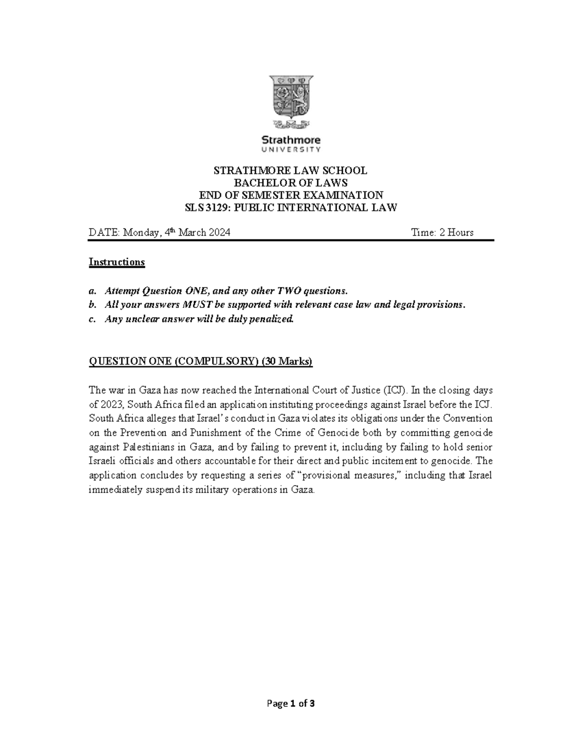 SLS 3129 - Public International Law End of Semester Exam - March 2024 ...