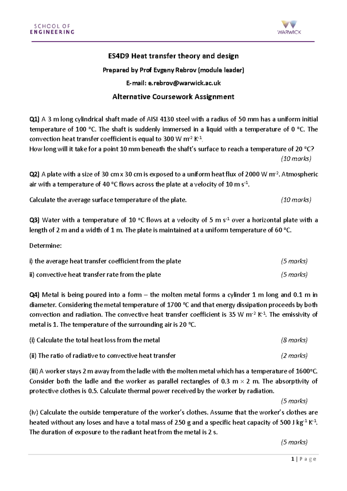 ES4D9 Heat Transfer Theory Resit Assignment - Detailed Solutions - Studocu
