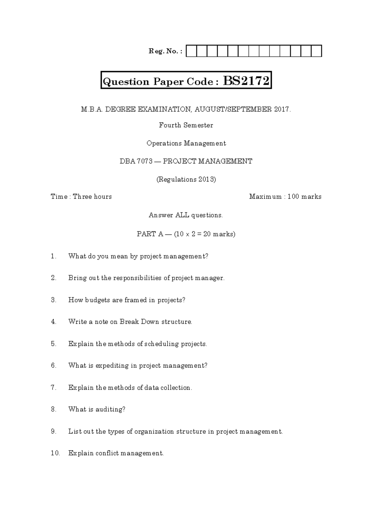 BS2172 M.B.A. 2017 Final Exam: Project Management Question Paper - Studocu