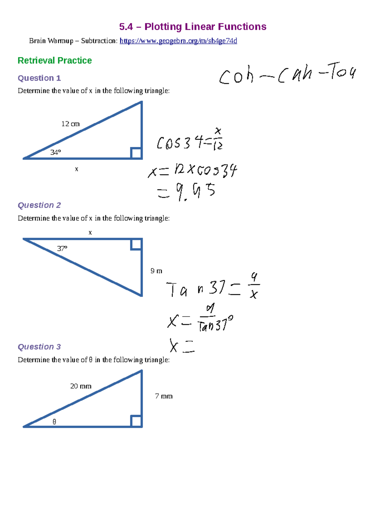 5.4 - Plotting Linear Functions: Brain Warmup & Practice Questions ...
