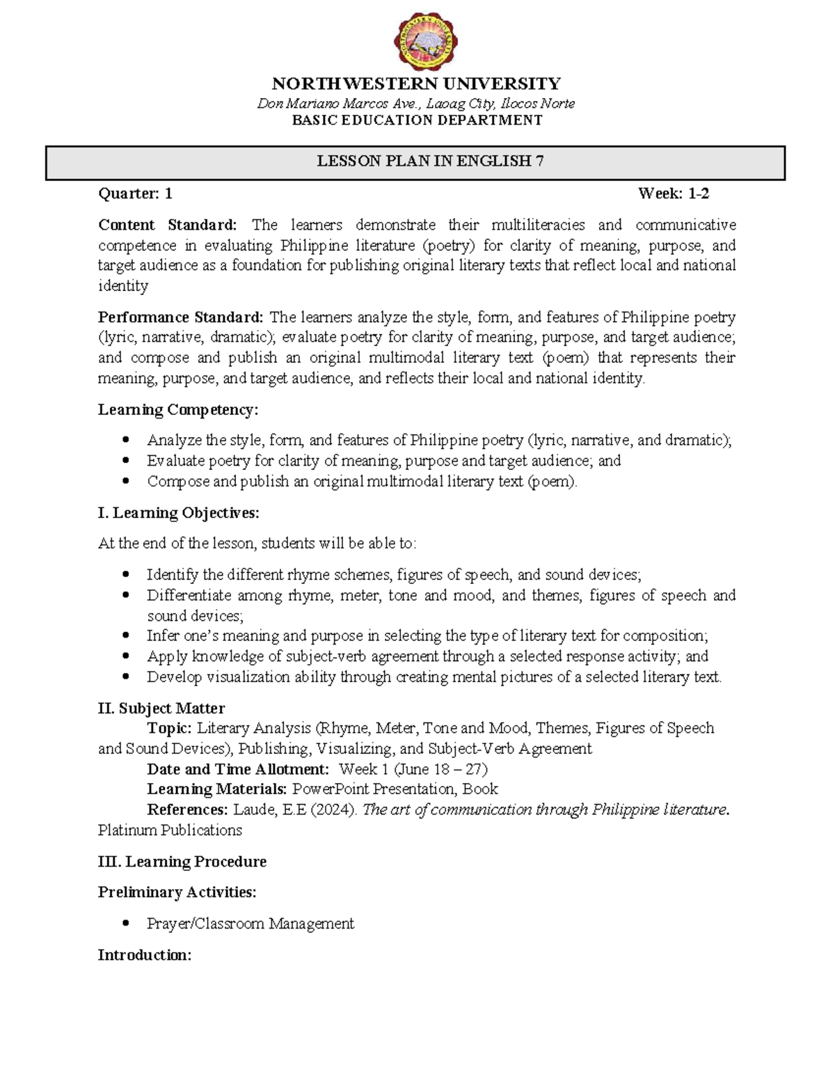 LP ENG7 Q1 - Lesson Plan on Philippine Poetry and Literary Analysis ...