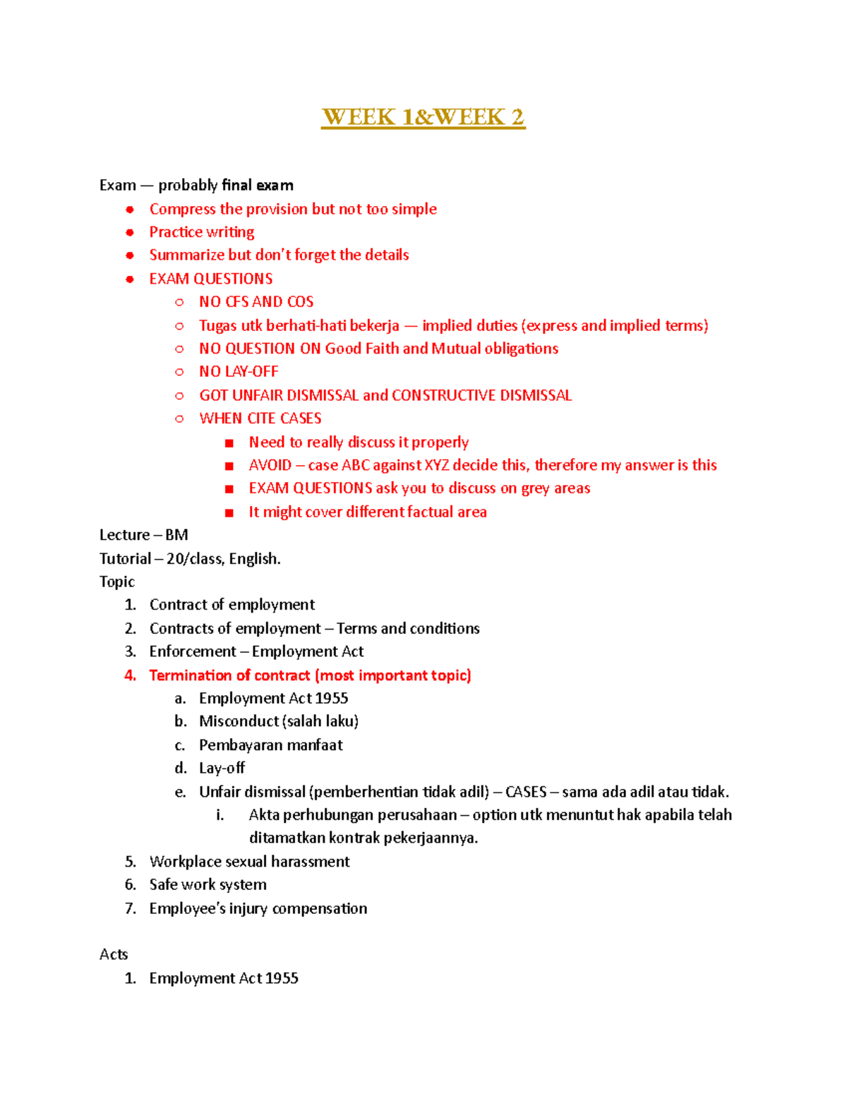 Employment Law Notes: Week 1 & 2 Overview for Final Exam - Studocu
