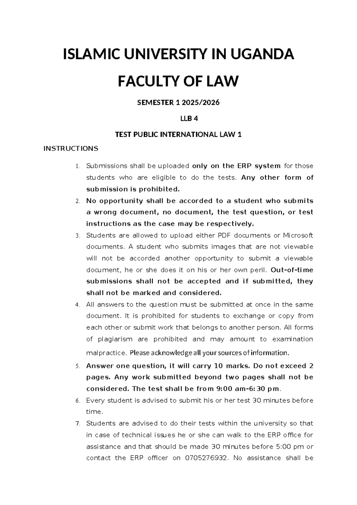 LLB 4 Public International Law Test Instructions 2025 - Studocu