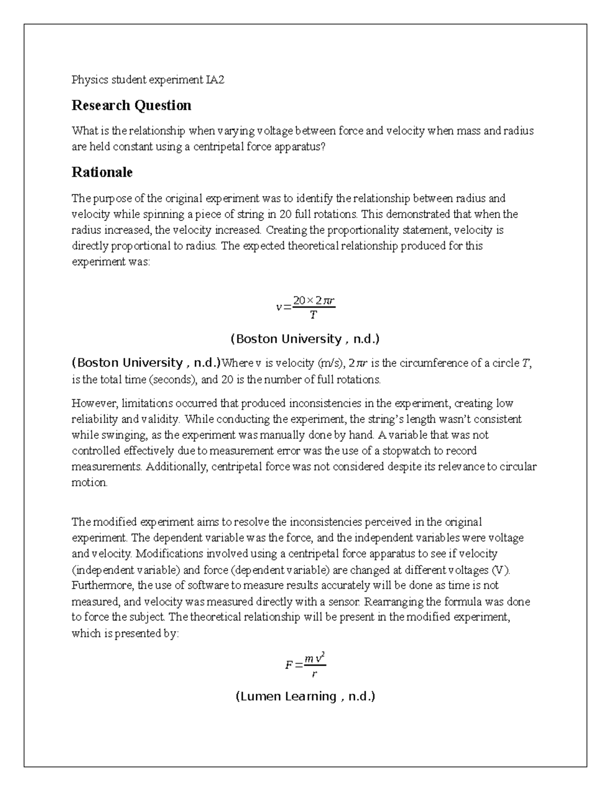 Physics IA2 Experiment: Analyzing Force-Velocity Relationship with ...