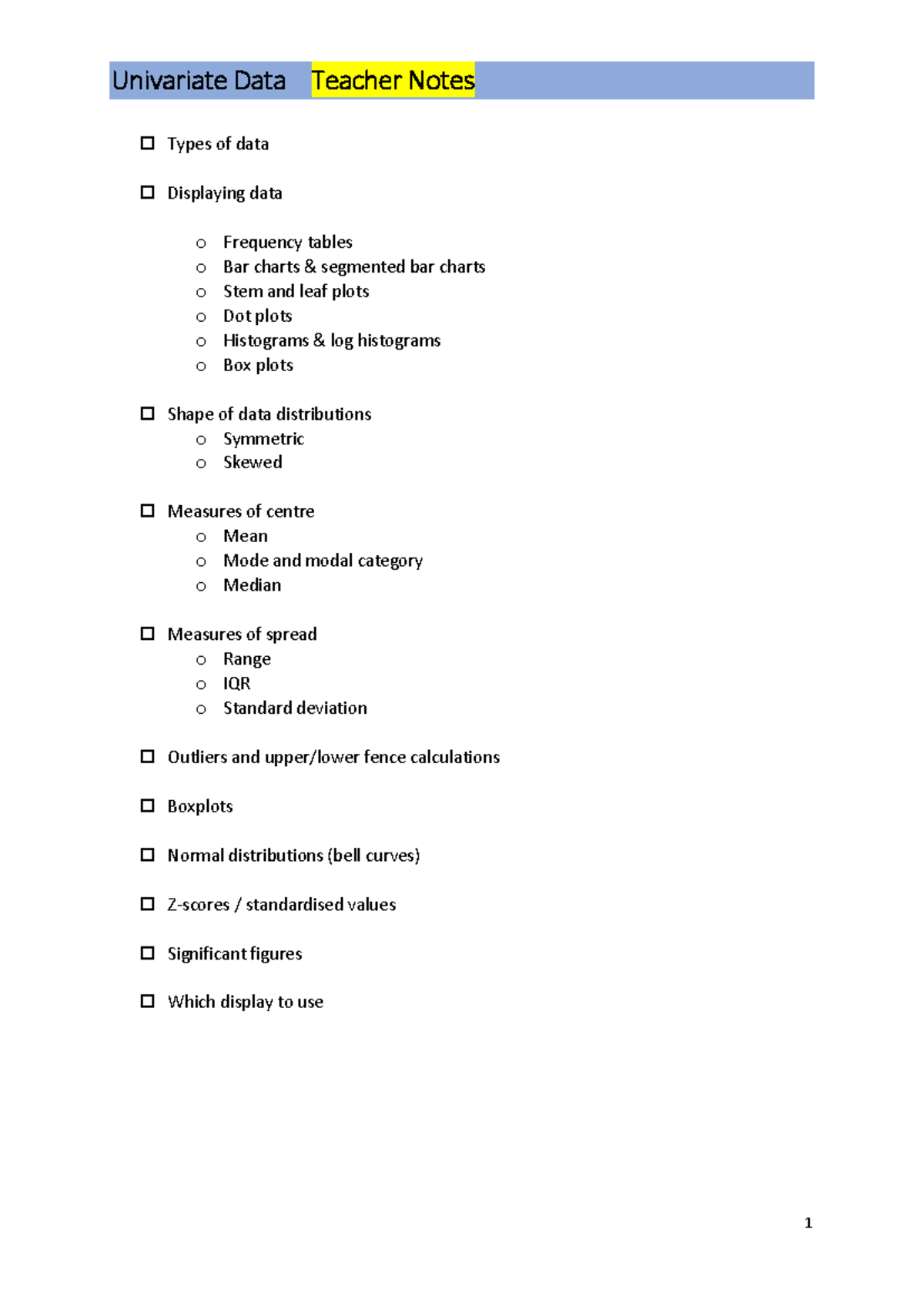 Univariate Data Teacher Notes: Types, Displays, and Measures - Studocu