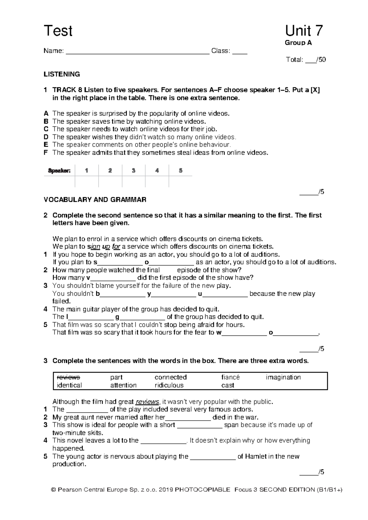 Focus 3 2E Test Unit 7 Listening & Grammar Exercises for Group A - Studocu