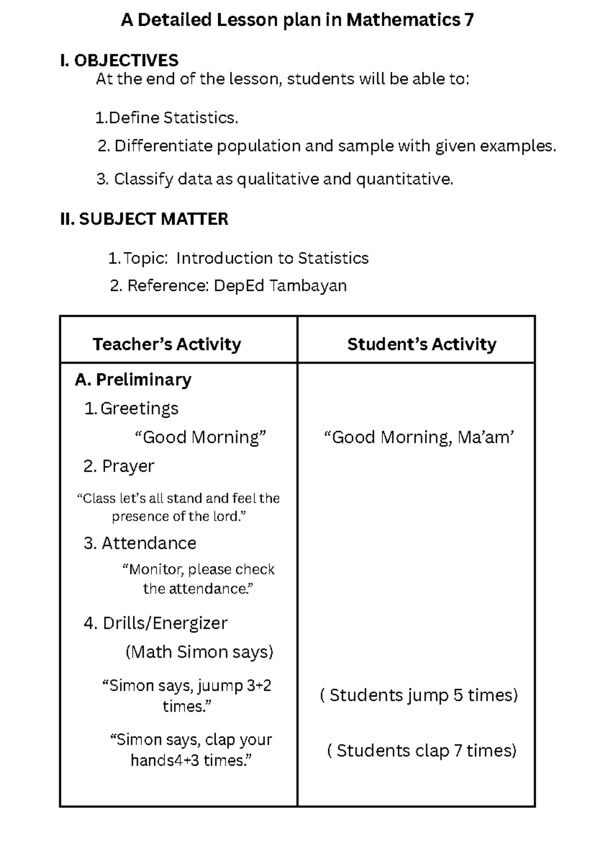Mathematics 7 Lesson Plan: Introduction to Statistics 20251007 - Studocu