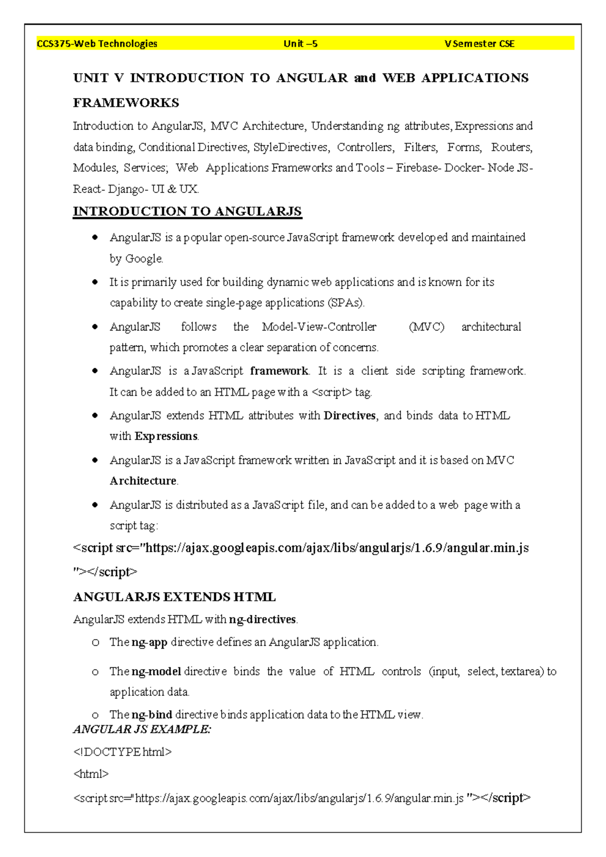 CSE Unit V: Introduction to AngularJS & Web App Frameworks - Studocu