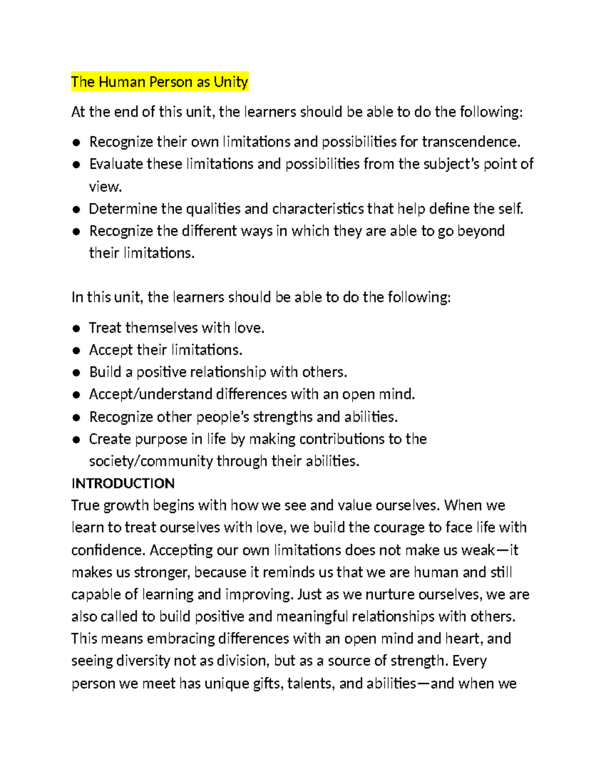 IPHP12Q2 Unit 4: Understanding the Human Person as Unity - Studocu