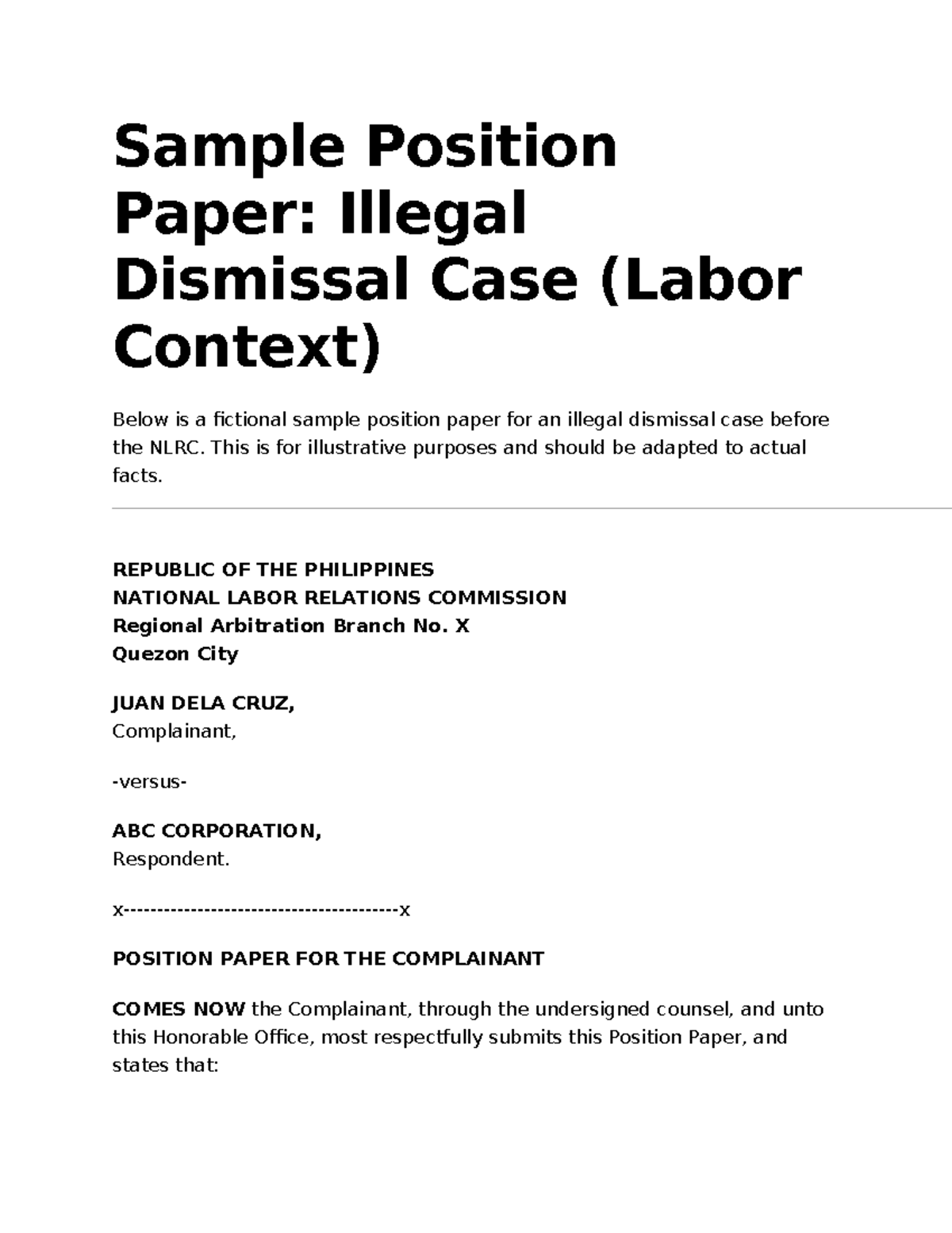 Sample Position Paper on Illegal Dismissal Case (Labor Law) - Studocu