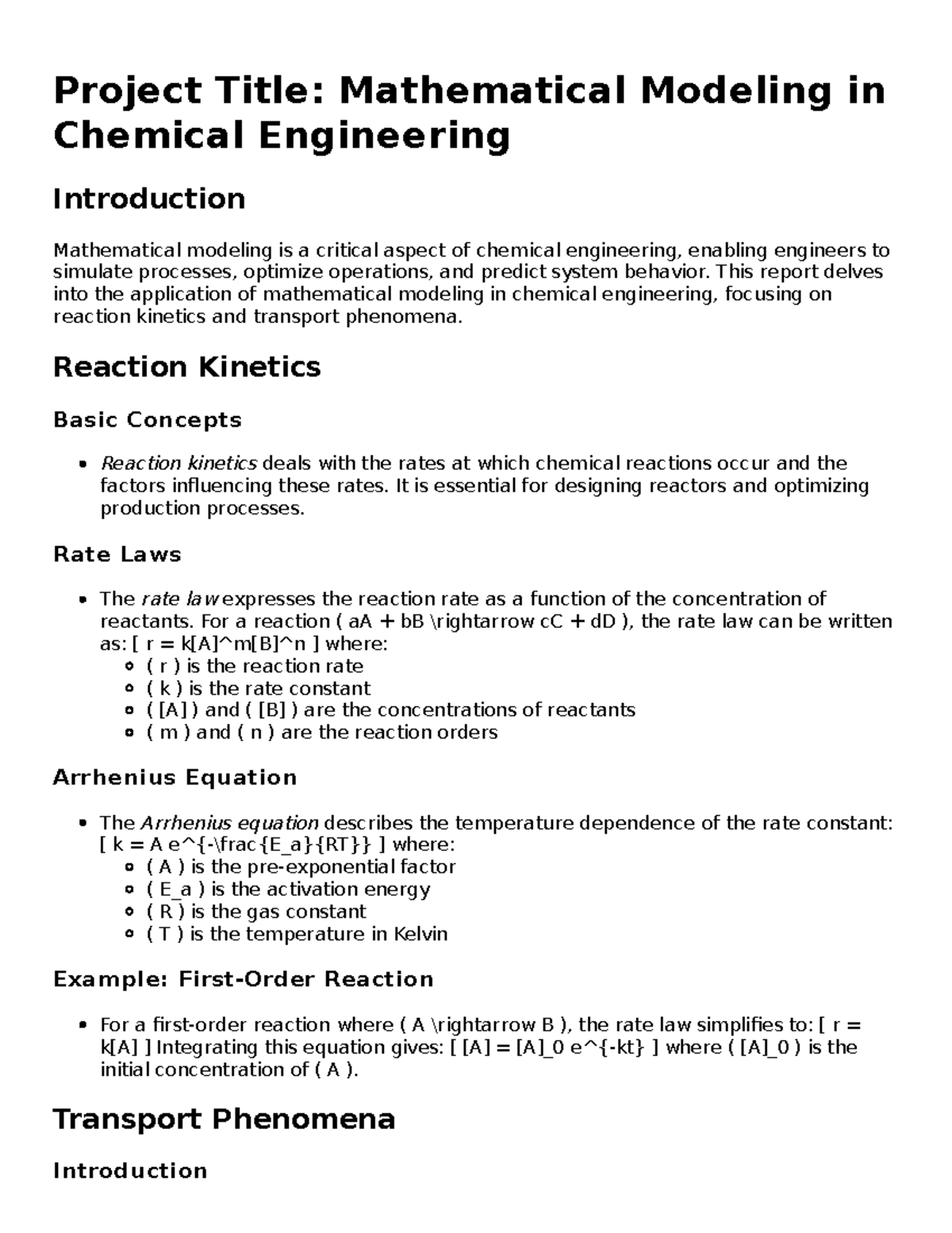 Mathematical Modeling in Chemical Engineering: Kinetics & Transport ...