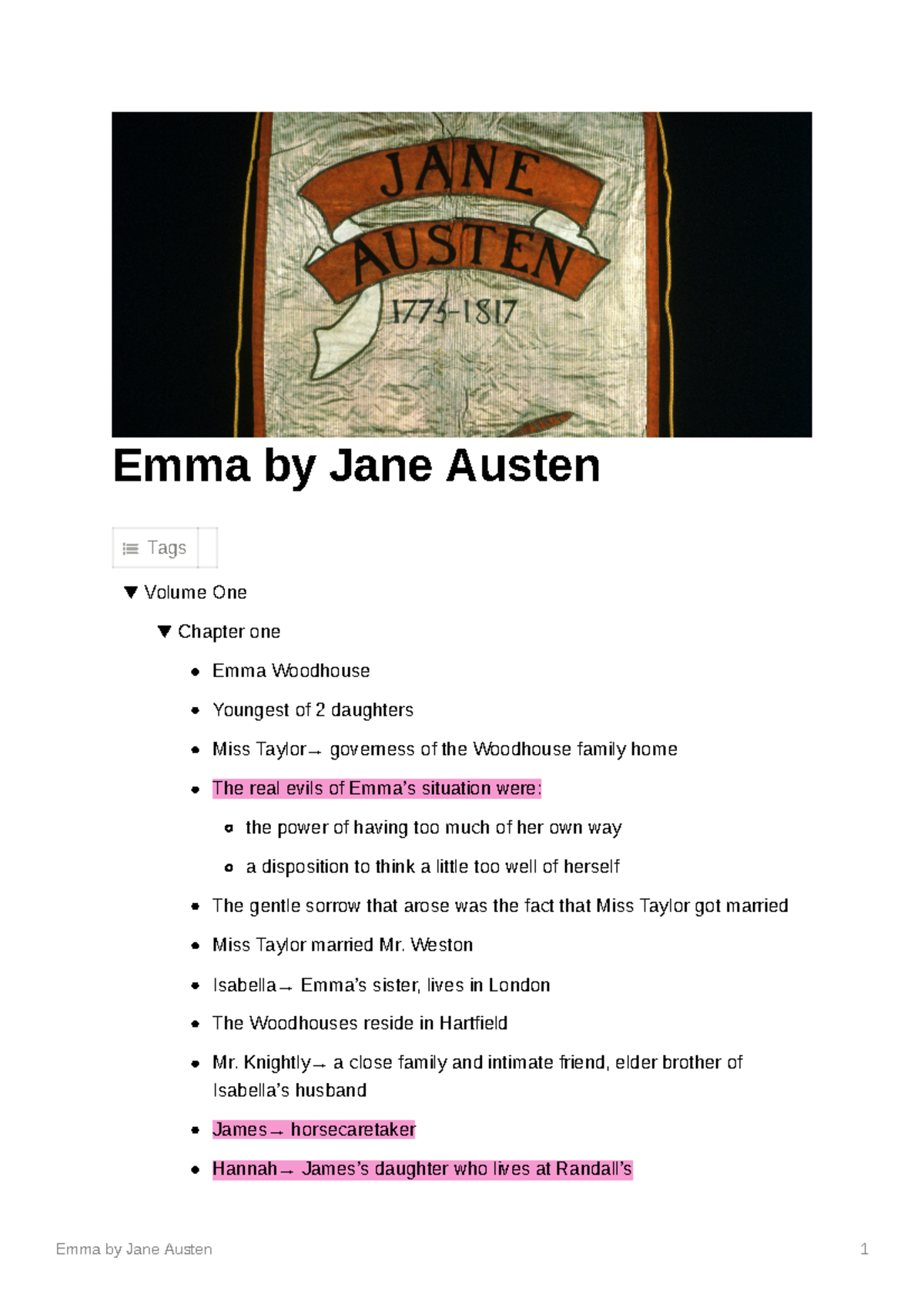 Emma by Jane Austen: Chapter Summary & Character Analysis Notes - Studocu