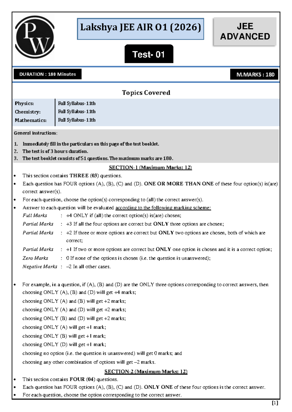Test 01 (JEE Advanced) - Lakshya JEE AIR O1 (2026) Exam Paper - Studocu
