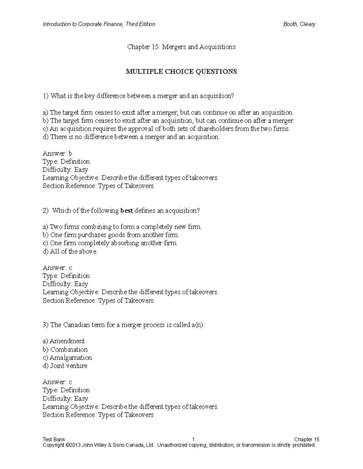 MOS1023 - Mergers and Acquisitions Chapter 15 Test Bank - 2019 - Studocu