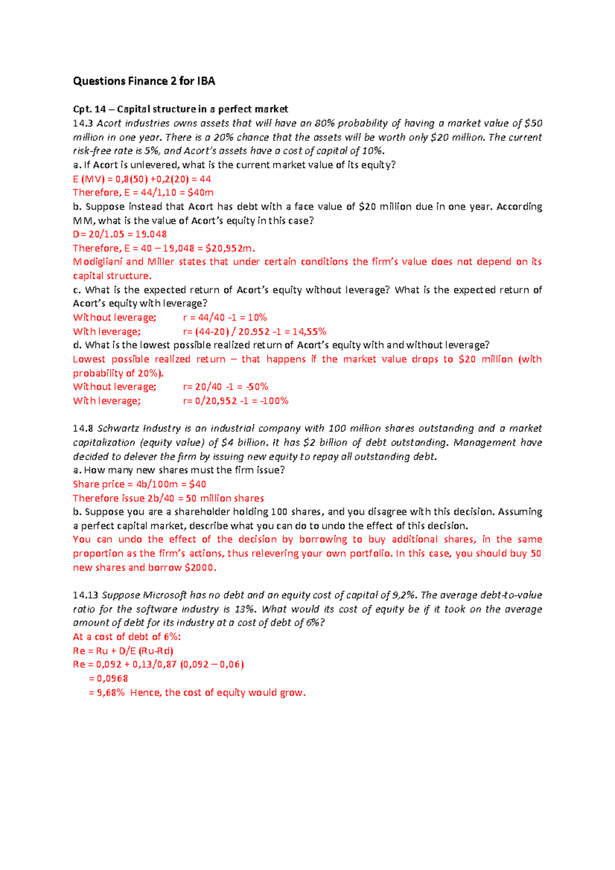 Finance 2 - Questions & Answers on Capital Structure and Equity Management  - Studeersnel