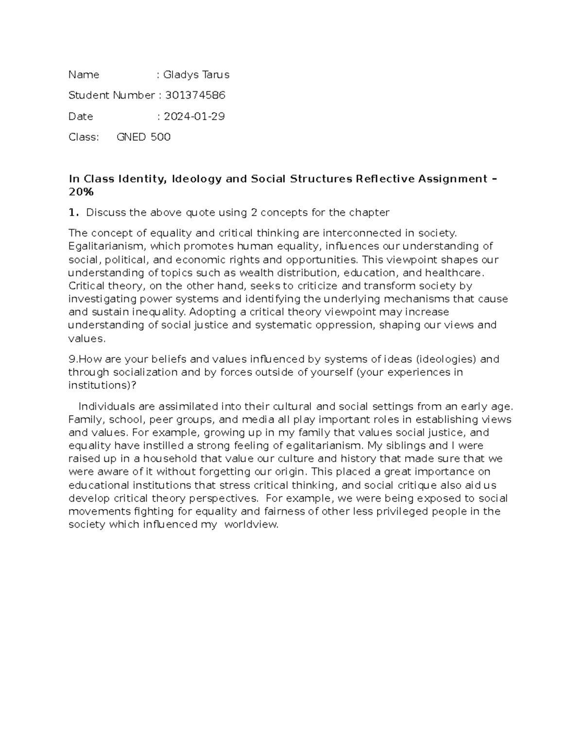 Gned 500 reflective assignment on identity, ideology, and social ...