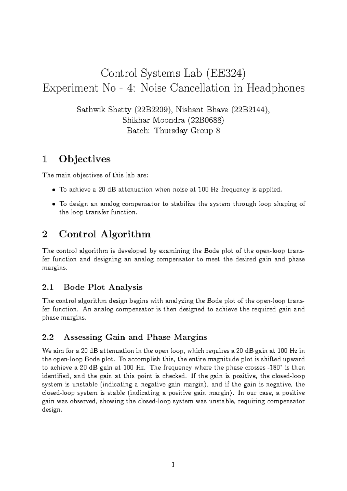 EE324 Control Systems Lab: Final Report on Noise Cancellation ...