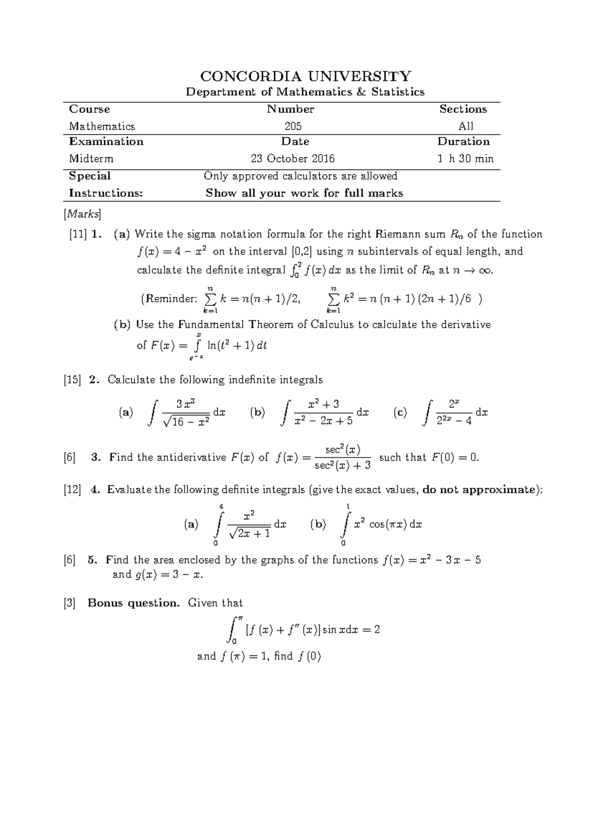 Course Outline for MATH 205: Differential & Integral Calculus II ...