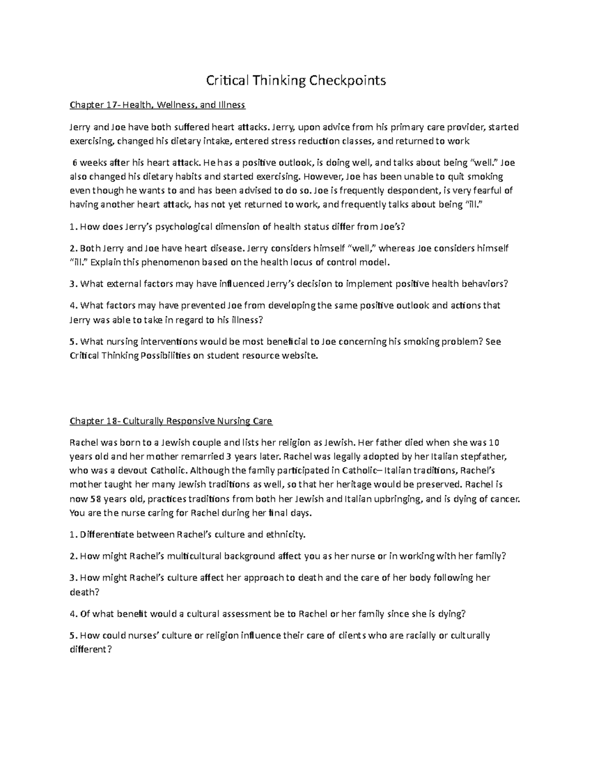 Critical Thinking Checkpoints: Health, Culture, and Stress Management ...