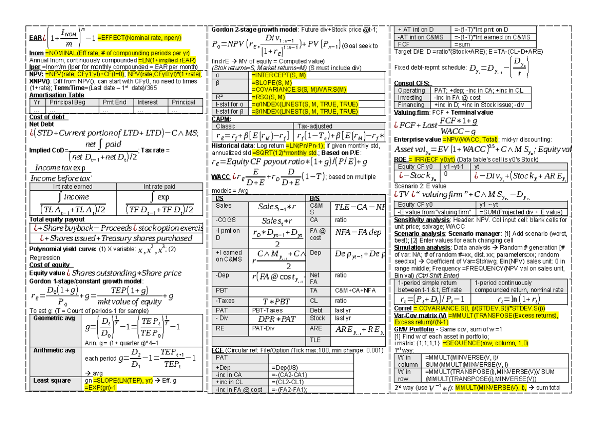 BF3218 Financial Concepts Cheatsheet: Key Equations & Models - Studocu